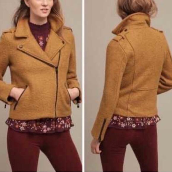 Anthropologie Cartonnier Mustard Wool Blend Moto Jacket Boho Cozy Size Small - Picture 2 of 11